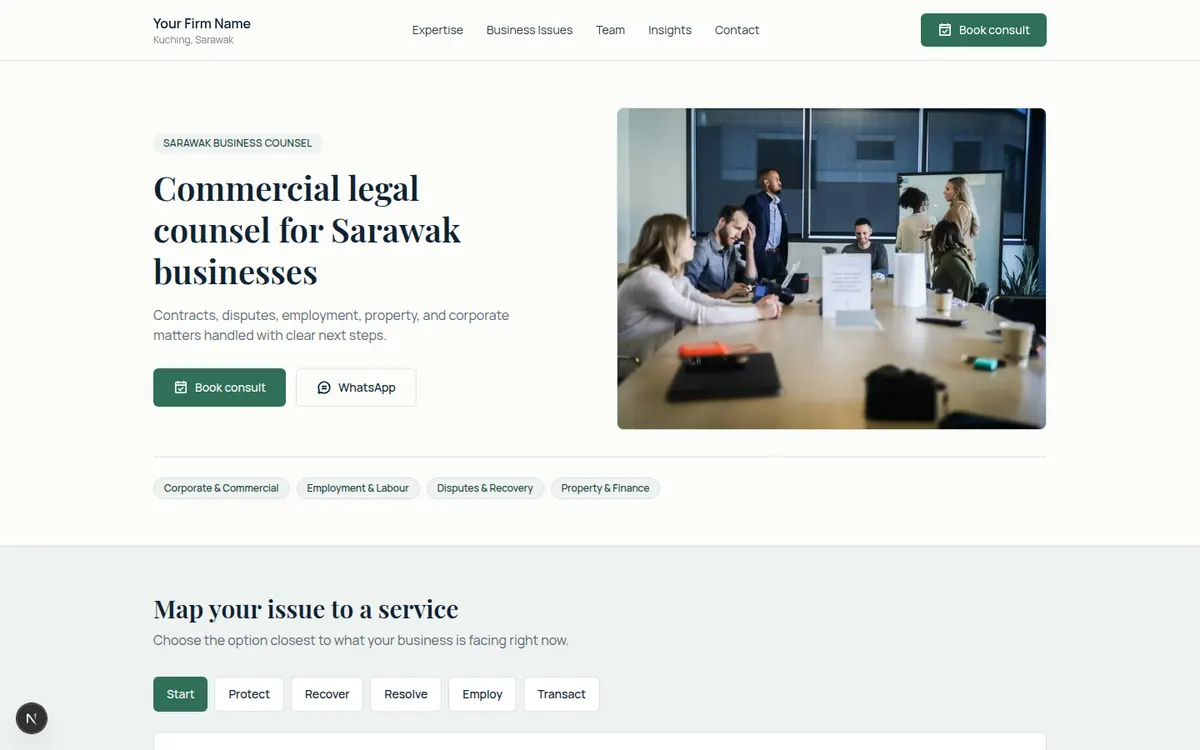 Structured business homepage hero with Book consult as the primary call-to-action