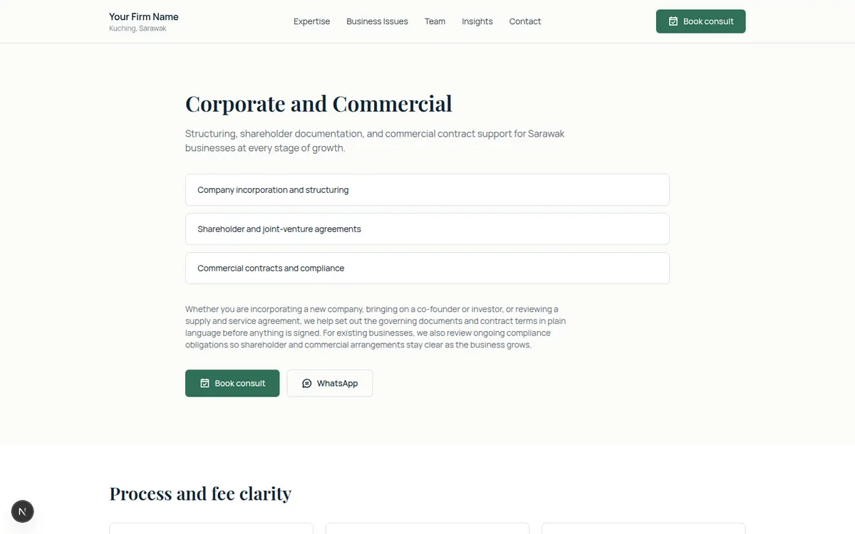 One of six expertise pages sharing the same matter-oriented layout