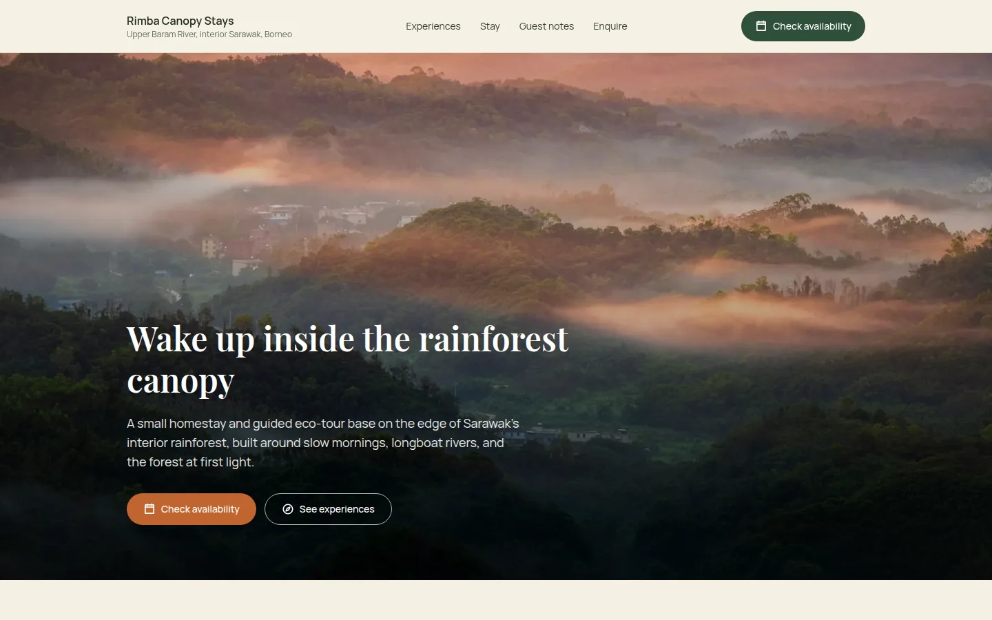 Full-bleed rainforest homepage hero with headline over a photographic gradient scrim