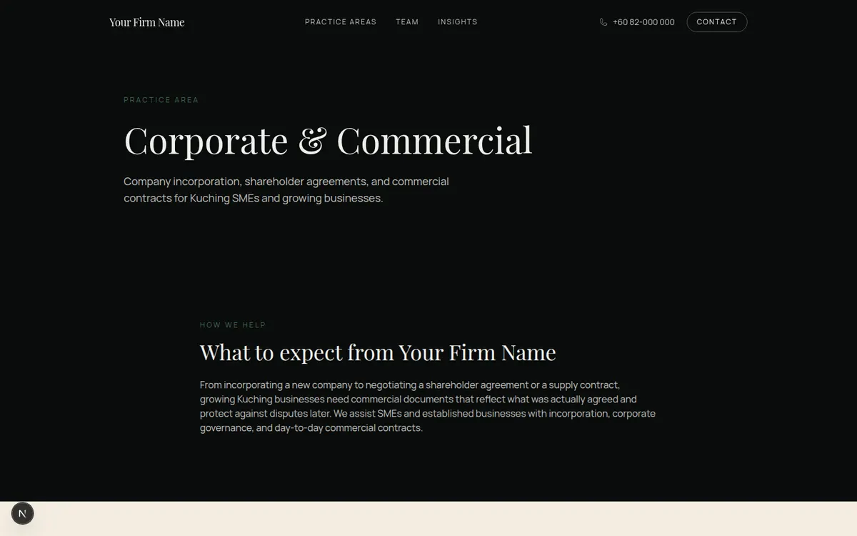 One of six practice-area pages continuing the same dark editorial hero pattern
